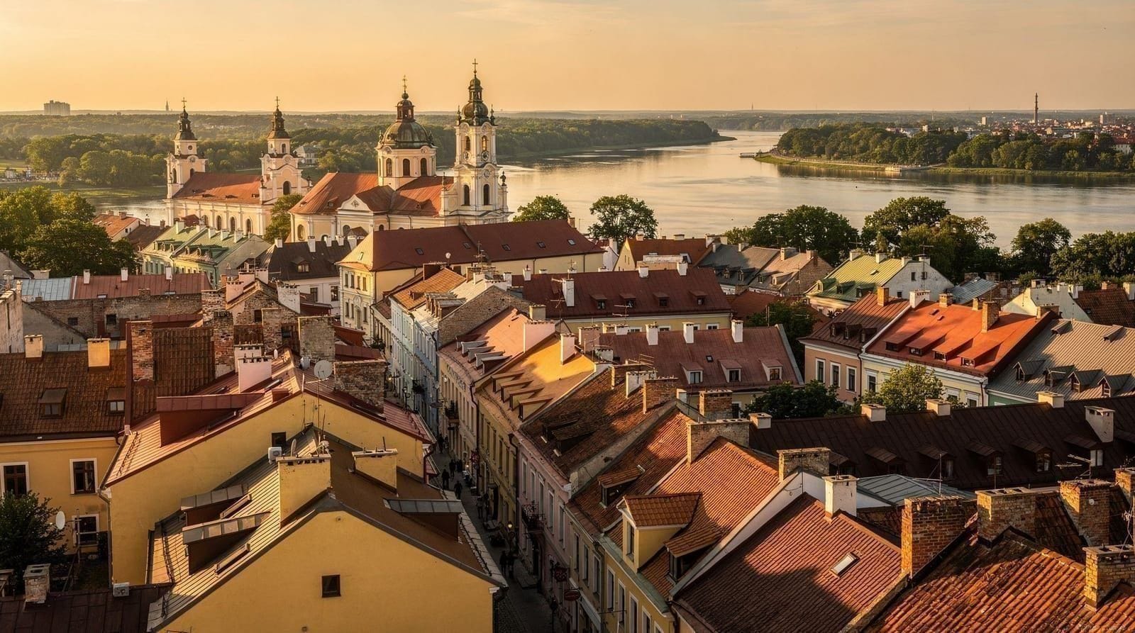 Vilnius old town skyline with baroque church spires at golden hour